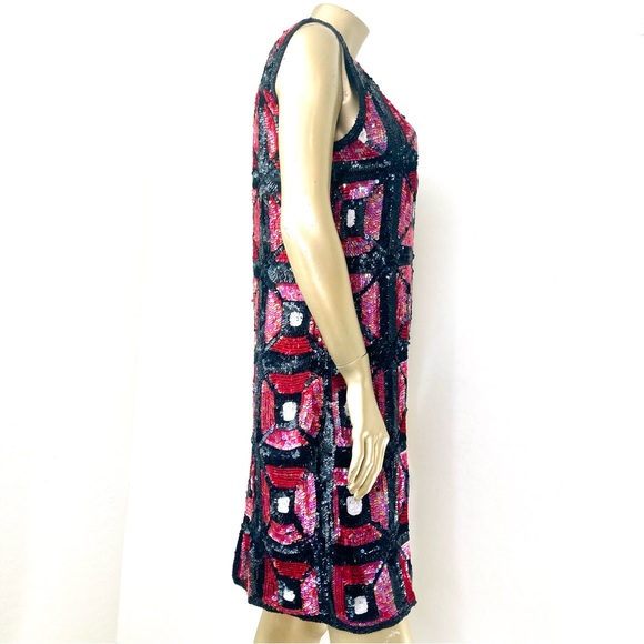GORGEOUS 100% PURE SILK COLOR-BLOCK MOD/DECO VINTAGE SEQUIN SLEEVELESS DRESS L - Picture 4 of 10
